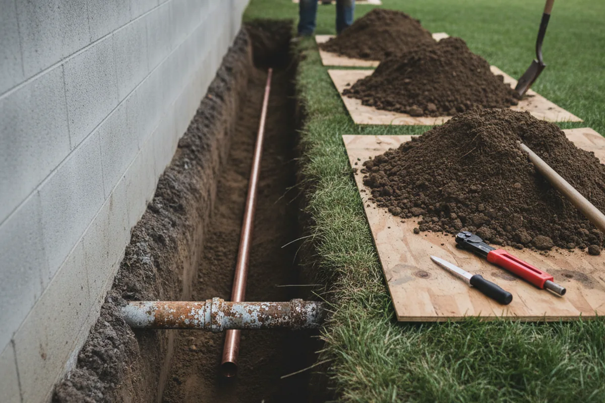 Excavated water line trench during Water Softener Installation in Disputanta